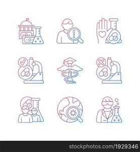 Clinical study gradient linear vector icons set. Evaluating new drugs and treatments. Government funding. MAMS trials. Thin line contour symbols bundle. Isolated outline illustrations collection. Clinical study gradient linear vector icons set