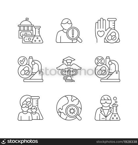 Clinical study linear icons set. Evaluating new drugs and treatments. Government funding. MAMS trials. Customizable thin line contour symbols. Isolated vector outline illustrations. Editable stroke. Clinical study linear icons set