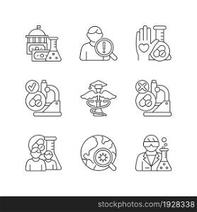Clinical study linear icons set. Evaluating new drugs and treatments. Government funding. MAMS trials. Customizable thin line contour symbols. Isolated vector outline illustrations. Editable stroke. Clinical study linear icons set