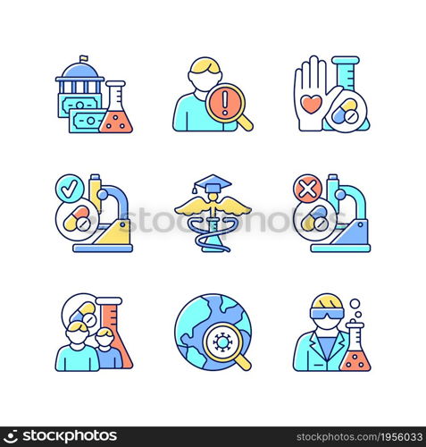 Clinical study RGB color icons set. Evaluating new drugs and treatments. Government funding. Clinical epidemiology. MAMS trials. Isolated vector illustrations. Simple filled line drawings collection. Clinical study RGB color icons set