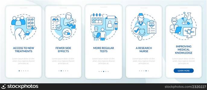 Clinical trials advantages blue onboarding mobile app screen. Researching walkthrough 5 steps graphic instructions pages with linear concepts. UI, UX, GUI template. Myriad Pro-Bold, Regular fonts used. Clinical trials advantages blue onboarding mobile app screen