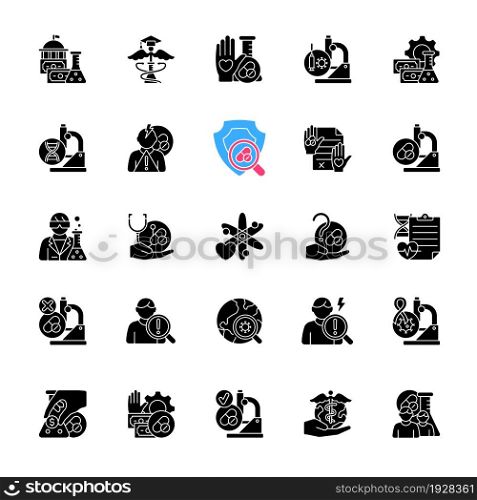 Clinical trials black glyph icons set on white space. Experimental medicine research. Clinical scientist. Funding opportunities. New drugs testing. Silhouette symbols. Vector isolated illustration. Clinical trials black glyph icons set on white space