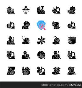 Clinical trials black glyph icons set on white space. Experimental medicine research. Clinical scientist. Funding opportunities. New drugs testing. Silhouette symbols. Vector isolated illustration. Clinical trials black glyph icons set on white space