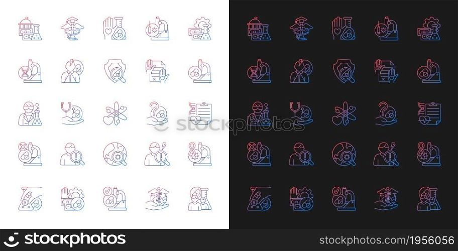 Clinical trials gradient icons set for dark and light mode. Experimental medicine research. Thin line contour symbols bundle. Isolated vector outline illustrations collection on black and white. Clinical trials gradient icons set for dark and light mode