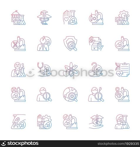 Clinical trials gradient linear vector icons set. Experimental medicine research. Clinical scientist. New drugs testing. Thin line contour symbols bundle. Isolated outline illustrations collection. Clinical trials gradient linear vector icons set