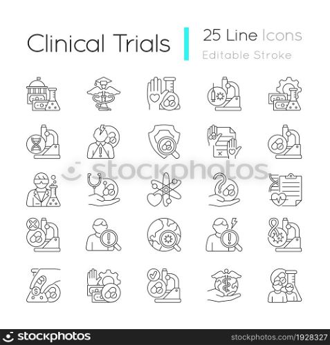 Clinical trials linear icons set. Experimental medicine research. Clinical scientist. New drugs testing. Customizable thin line contour symbols. Isolated vector outline illustrations. Editable stroke. Clinical trials linear icons set