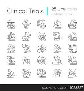 Clinical trials linear icons set. Experimental medicine research. Clinical scientist. New drugs testing. Customizable thin line contour symbols. Isolated vector outline illustrations. Editable stroke. Clinical trials linear icons set