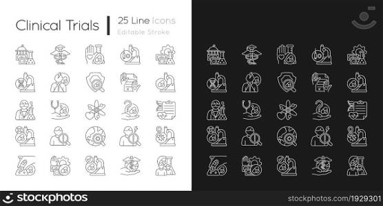 Clinical trials linear icons set for dark and light mode. Experimental medicine research. Clinical scientist. Customizable thin line symbols. Isolated vector outline illustrations. Editable stroke. Clinical trials linear icons set for dark and light mode