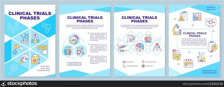 Clinical trials phases blue brochure template. Healthcare tests. Leaflet design with linear icons. 4 vector layouts for presentation, annual reports. Arial-Black, Myriad Pro-Regular fonts used. Clinical trials phases blue brochure template