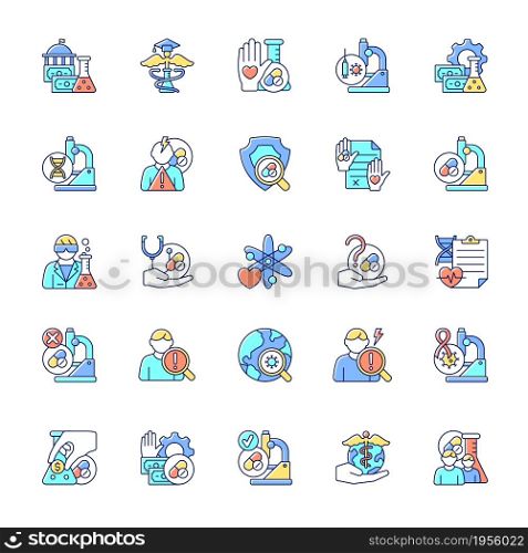 Clinical trials RGB color icons set. Experimental medicine research. Clinical scientist. Funding opportunities. New drugs testing. Isolated vector illustrations. Simple filled line drawings collection. Clinical trials RGB color icons set