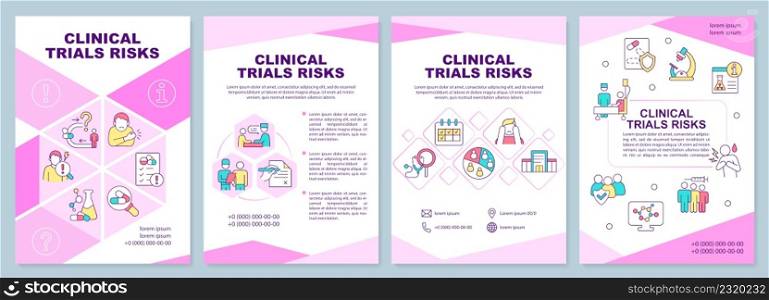 Clinical trials risks pink brochure template. Side effects. Leaflet design with linear icons. 4 vector layouts for presentation, annual reports. Arial-Black, Myriad Pro-Regular fonts used. Clinical trials risks pink brochure template