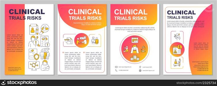Clinical trials risks red gradient brochure template. Side effects. Leaflet design with linear icons. 4 vector layouts for presentation, annual reports. Arial, Myriad Pro-Regular fonts used. Clinical trials risks red gradient brochure template