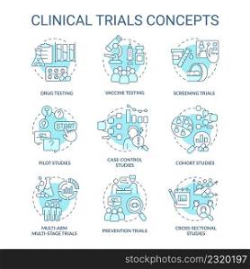 Clinical trials turquoise concept icons set. Healthcare study. Science medical research idea thin line color illustrations. Isolated symbols. Editable stroke. Roboto-Medium, Myriad Pro-Bold fonts used. Clinical trials turquoise concept icons set