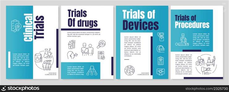 Clinical trials types blue brochure template. Medical science research. Leaflet design with linear icons. 4 vector layouts for presentation, annual reports. Anton, Lato-Regular fonts used. Clinical trials types blue brochure template