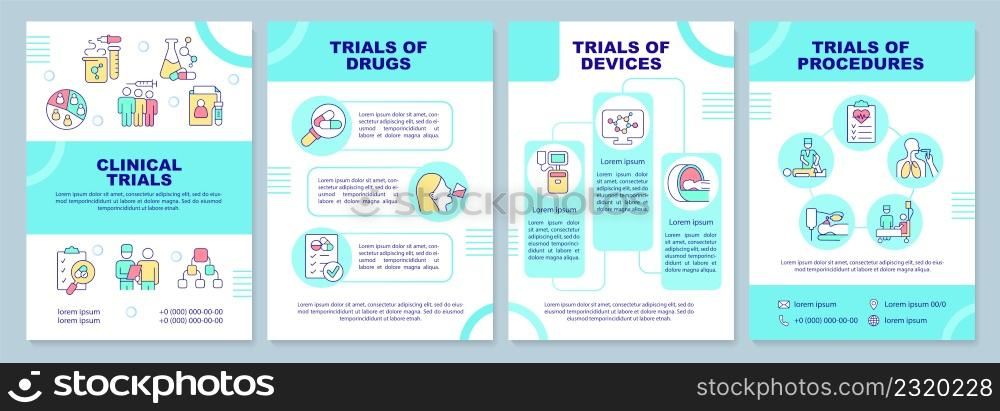 Clinical trials types turquoise brochure template. Medical science. Leaflet design with linear icons. 4 vector layouts for presentation, annual reports. Arial-Black, Myriad Pro-Regular fonts used. Clinical trials types turquoise brochure template