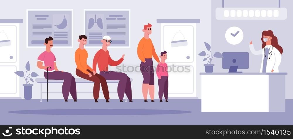Clinical waiting room. Doctor medical appointment time, patients waiting in queue, hospital physician doctor meet arrangement vector illustration. Hospital clinic waiting room, medical doctor office. Clinical waiting room. Doctor medical appointment time, patients waiting in queue, hospital physician doctor meet arrangement vector illustration