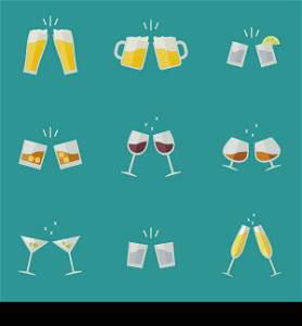 Clink glasses flat icons. Glasses with alcoholic beverages