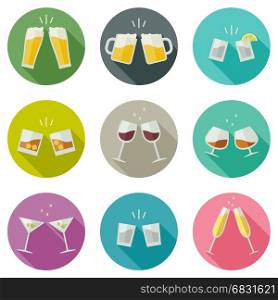 Clink glasses icons.. Clink glasses icons. Glasses with alcoholic beverages in flat style.