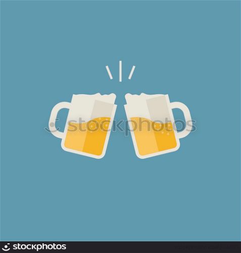 Clink mugs with beer icons. Glasses with alcoholic beverage in flat style.