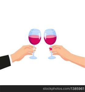 Clinking glasses, hands holding glasses of red wine. Clinking glasses, hands holding glasses of red wine holiday congratulations. Vector template illustration