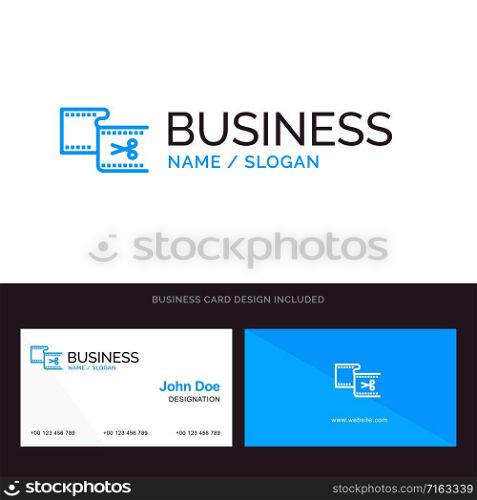 Clip, Cut, Edit, Editing, Movie Blue Business logo and Business Card Template. Front and Back Design