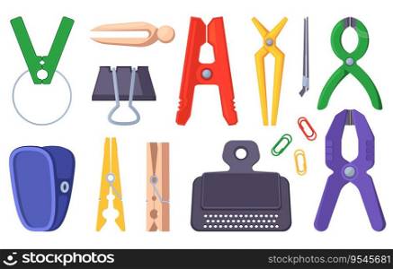 Clip holding tool. Clothespin, office clamp wooden frip and metal clutch bundle, flat clothes pegs. Vector clips isolated collection of office clamp and clothespin illustration. Clip holding tool. Clothespin, office clamp wooden frip and metal clutch bundle, flat clothes pegs. Vector clips isolated collection