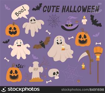 Clipart cute Halloween. Holiday characters Jack pumpkin, spider and bat, ghost, cobweb, grave, skull, witch hat and scythe with broom. Vector Isolated elements for decor, design, decoration