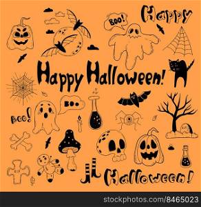 Clipart Happy Halloween. Jack pumpkin, ghost, bat and moon, black cat and web, grave, skull, voodoo doll and potion. Vector linear hand drawn doodle. Isolated elements for decor, design, decoration