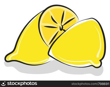 Clipart of a whole lemon cut into two unequal halves is all ready to be squeezed into a cup of tasty lemon juice vector color drawing or illustration