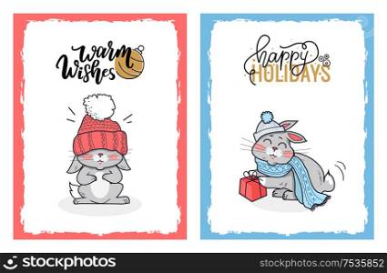 Clipart of lovely rabbits on Christmas cards. Happy Holidays wishes to us smilling vector rabbit in the warm winter clothes with the huge red present.. Clipart of Lovely Rabbits on Christmas Cards