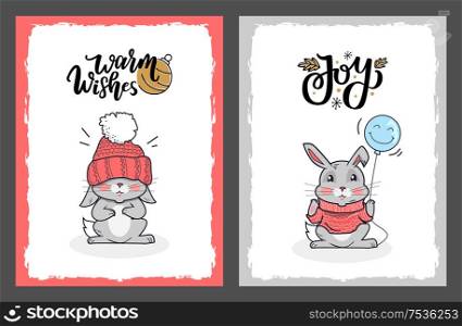Clipart of lovely rabbits on greeting cards. Vector bunny with knitted hat. Joyful rabbit with the blue balloon wanted us to joy these holidays.. Clipart of Lovely Rabbits on Greeting Cards