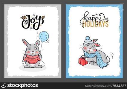 Clipart of rabbits on Happy Holidays cards. Joyful rabbit with the blue balloon wanted us to joy these holidays. Vector rabbit with the red present.. Clipart of Rabbits on Happy Holidays Cards