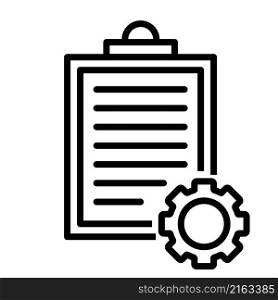 Clipboard and gear research icon. Checklist with document project management concept. Technical support sign. Vector illustration.. Clipboard and gear research icon. Checklist with document project management concept.