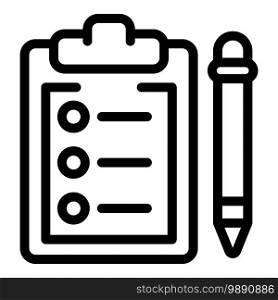 Clipboard and pen icon. Outline clipboard and pen vector icon for web design isolated on white background. Clipboard and pen icon, outline style