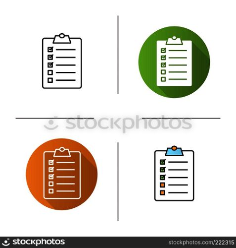Clipboard checklist icon. Flat design, linear and color styles. To do list. Isolated vector illustrations. Clipboard checklist icon