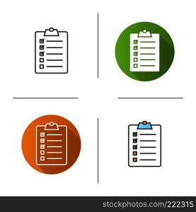 Clipboard checklist icon. Flat design, linear and color styles. To do list. Isolated vector illustrations. Clipboard checklist icon