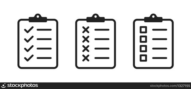 Clipboard checklist or document. Vector isolated icons or signs. Clipboard with checkmark cross and text. Clipboard concept vector. Checklist document. Clipboard icon vector. EPS 10