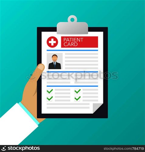 Clipboard in doctors hand. Make notes in patient card. medical report. analysis or prescription concept. Vector stock illustration