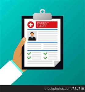 Clipboard in doctors hand. Make notes in patient card. medical report. analysis or prescription concept. Vector stock illustration