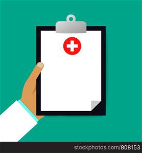 Clipboard in his hand doctor. Doctor takes notes in a Clipboard. Medical report, medical background. Vector stock illustration.