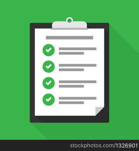 Clipboard with a checklist, successfully completed tasks. Check success. Vector illustration EPS 10