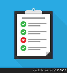 Clipboard with a checklist, tasks completed and not completed. Vector illustration EPS 10