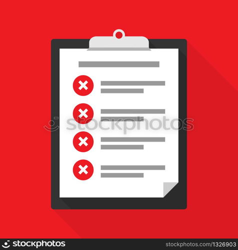 Clipboard with a checklist, tasks not completed. Rejected or unconfirmed. Vector illustration EPS 10