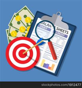 Clipboard with balance sheet and magnifying glass. Financial reports statement, target, money and documents. Accounting, bookkeeping, debit and credit calculations. Vector illustration in flat style. Clipboard with balance sheet and magnifying glass