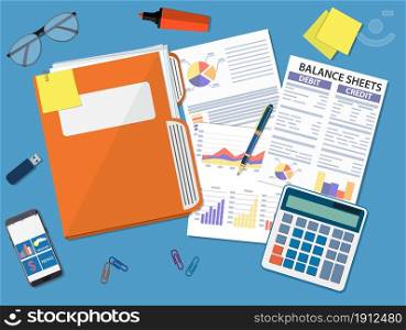 Clipboard with balance sheet and pen. Financial reports statement, calculator and documents. Accounting, bookkeeping, debit and credit calculations. Vector illustration in flat style. Clipboard with balance sheet and pen.