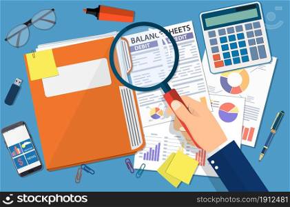 Clipboard with balance sheet and pen. Financial reports statement, calculator and documents. Accounting, bookkeeping, debit and credit calculations. Vector illustration in flat style. Clipboard with balance sheet and pen.