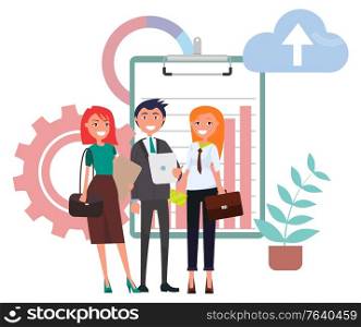 Clipboard with charts achievements and success vector, flat style man and woman team. Teamwork with papers and documents, plant and cloud with arrow. Business Meeting Man and Woman with Clipboard