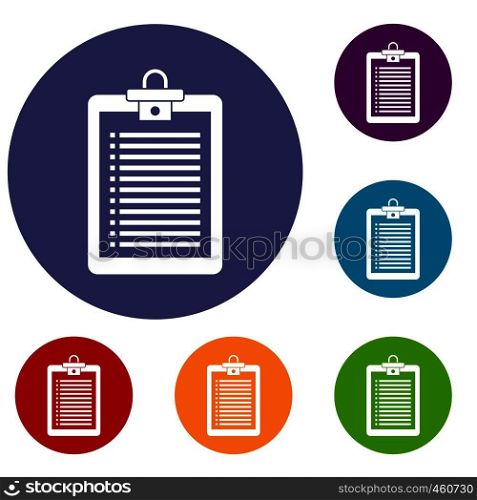 Clipboard with check list icons set in flat circle reb, blue and green color for web. Clipboard with check list icons set