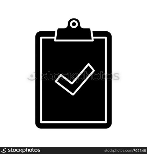 Clipboard with check mark glyph icon. Test, exam successfully completed. Verification and validation. Approved. Successfully tested. Silhouette symbol. Negative space. Vector isolated illustration. Clipboard with check mark glyph icon