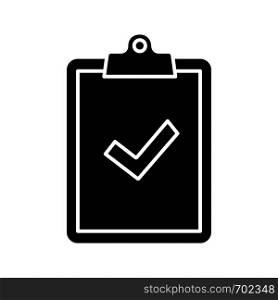 Clipboard with check mark glyph icon. Test, exam successfully completed. Verification and validation. Approved. Successfully tested. Silhouette symbol. Negative space. Vector isolated illustration. Clipboard with check mark glyph icon